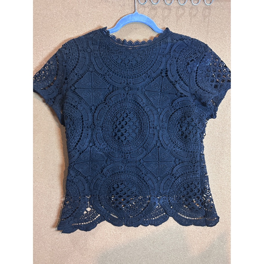 Ultra Pink Lace Crochet Blouse‎ Womens Large Black Excellent Boho Short Sleeve